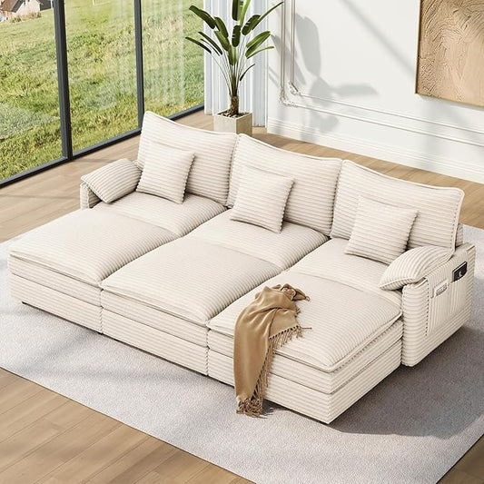 Vesgantti 108" Sectional Sleeper Sofa, 6-Seater Oversized Modular Cloud Couch with Movable Ottoman, Corduroy Large Sofa Bed Convertible Deep Seat Couches for Living Room, Bedroom and Apartment, Beige