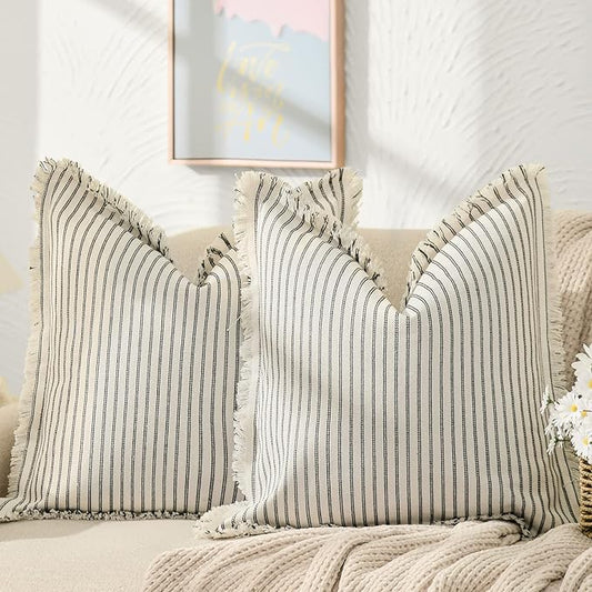 ZWJD Throw Pillow Covers 16x16 Set of 2 Striped Pillow Covers with Fringe Chic Cotton Decorative Pillows Square Cushion Covers for Sofa Couch Bed Living Room Farmhouse Decor
