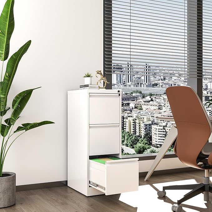 File Cabinet, Vertical File Cabinets with Lock for Home Office,Heavy Duty Office Steel Filing Cabinet for Hanging Letters/Legal/A4, Assembly Required (White, 3 Drawers)