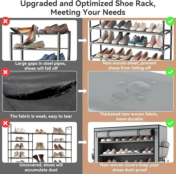Shoe Rack with Covers 10 Tier Tall Shoe Rack Organizer Large Capacity Shoe Shelf Storage 40 Pairs Space Saving Free Standing Shoe Storage Organizer for Closet, Entryway, Dorm, Grey