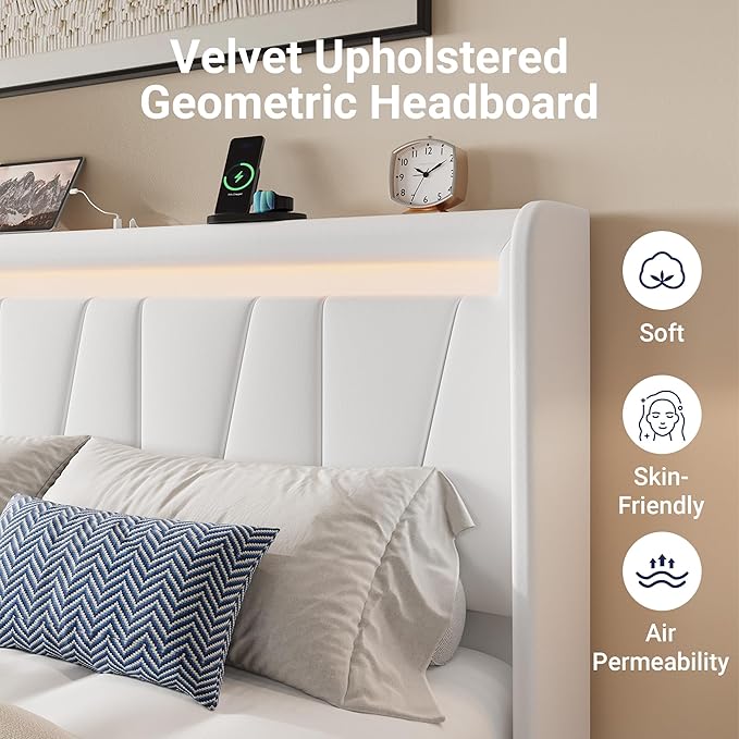 Allewie King Size LED Bed Frame with Charging Station, Velvet Upholstered Platform Bed with Geometric Wingback Headboard, Modern Frame with No Box Spring Needed, Easy Assembly, White