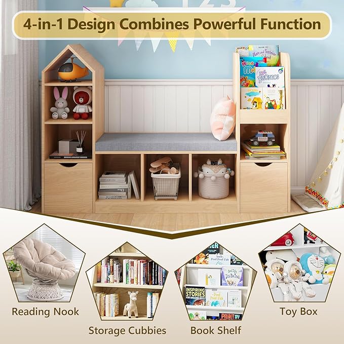 Kids Bookcase and Bookshelf with Reading Nook, Toy Storage Organizer, Oak Bookcase with 7 Storage Cubbies, 2 Movable Drawers and Seat Cushion for Kids Room, Playroom, Bedroom