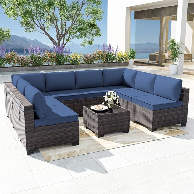 Kurapika 9 Pieces Patio Furniture Set, Rattan Wicker Outdoor Conversation Sets w/4in Cushion and Glass Coffee Table(Navy Blue)