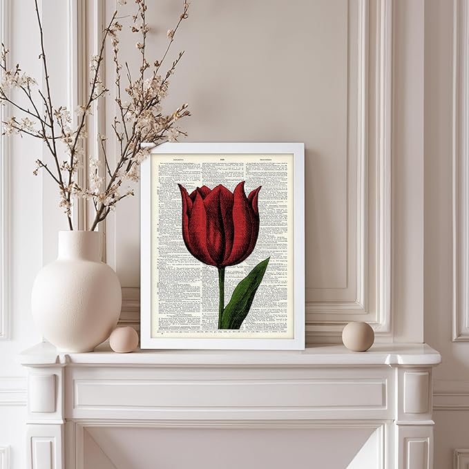 Poster Master Dictionary Art Poster - Tulip Print - Red Flower Art - Floral Art - Gift for Men, Women & Florist - Minimal Decor for Living Room, Bedroom, Dorm or Flower Shop, 11x14 White Framed