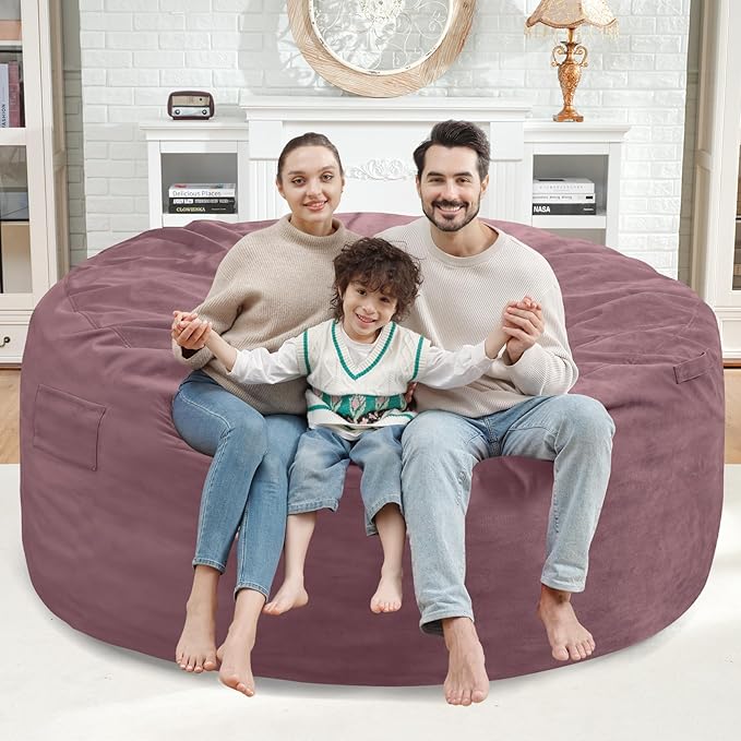 5FT Bean Bag Chair, Large Bean Bag Chairs with Memory Foam Filled, Fluffy Beanbag Sofa with Dutch Velvet Cover, Round BeanBag Chairs for Living Room, Playroom - Dusty Pink