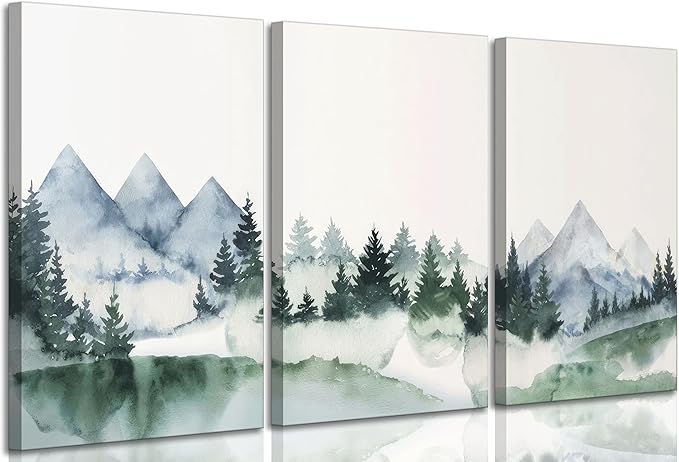 3 Pcs Modern Mountains Canvas Wall Art Green Watercolor Misty Pine Forest Nature Minimalism Abstract Landscape Painting Picture Wall Decor Poster Print Artwork for Living Room Bedroom Office
