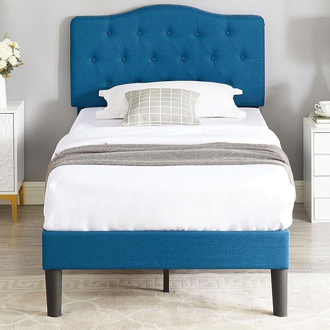 VECELO Twin Size Bed Frame Upholstered Platform with Tufted Adjustable Headboard/Mattress Foundation with Wood Slat Support, Easy Assembly,Blue