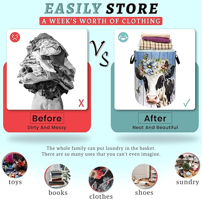 Cute Cow Laundry Basket Foldable Oxford Cloth Animal Cows Laundry Hamper With Handle Portable Clothes Storage Basket 18.9 X 16.5 Inch Storage Bag For Laundry Room/Bathroom/Bedroom