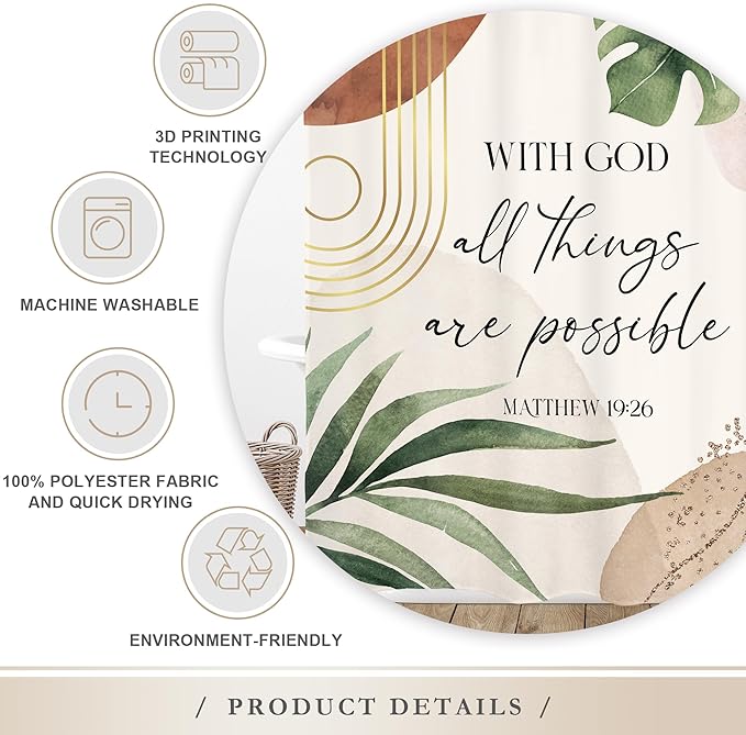 Glawry Boho Bible Verse Shower Curtain 60Wx72L Inches Inspirational Scriptures Quotes Abstract Tropical Green Palm Leaf Mid Century Christian Bathroom Bath Accessories Home Decor Fabric 12 Pack Hooks