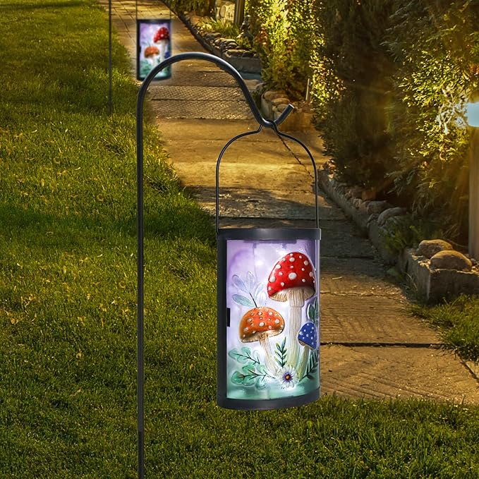 Hanging Solar Lantern Outdoor Waterproof Mushroom Solar Lights Glass Tabletop Decorative Lamp for Outdoor Patio Garden Outside Yard Decor