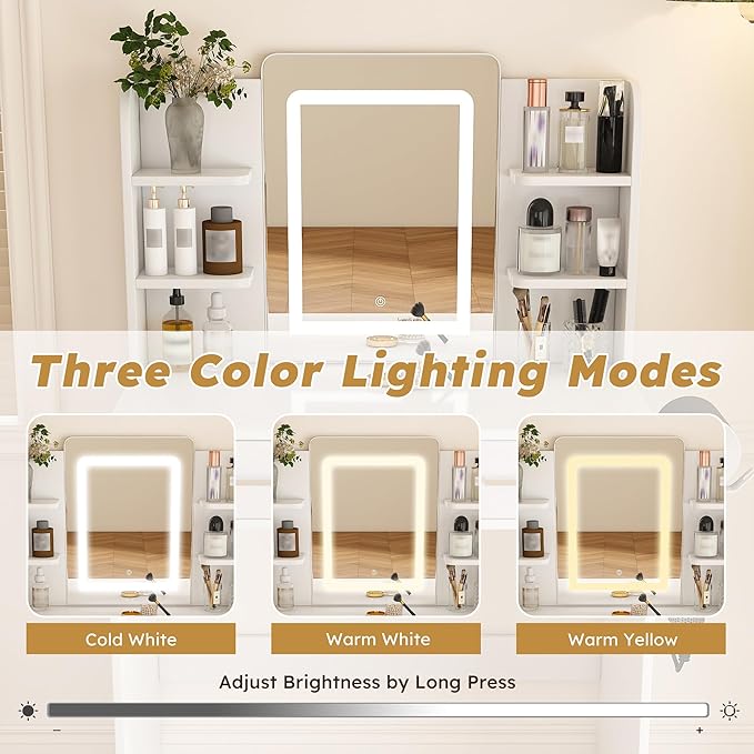 Casaphoria White Vanity Desk with 3-Color LED Mirror, 27.5" Makeup Table with Storage Drawers for Bedroom, Vanity Table with Hair Dryer Stand & Non-Woven Storage Bag for Women and Girls