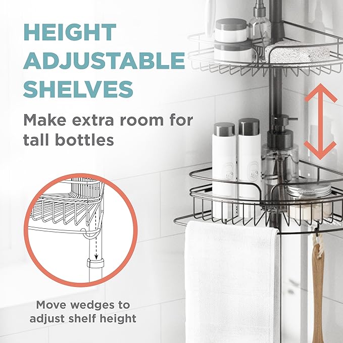 Zenna Home Tension Pole Shower Caddy Corner Organizer, Adjustable Standing Shower Caddy with 4 Baskets and Built in Towel Bar, Rust Resistant Bathroom Tension Rod Organizer, 60 to 97 Inch, Bronze