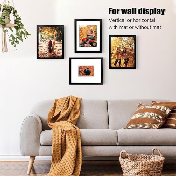 KINLINK 11x14 Picture Frame Black, Solid Wood Frames with Acrylic Plexiglass for Pictures 5x7/8x10 with Mat or 11x14 without Mat, Tabletop and Wall Display, Set of 4