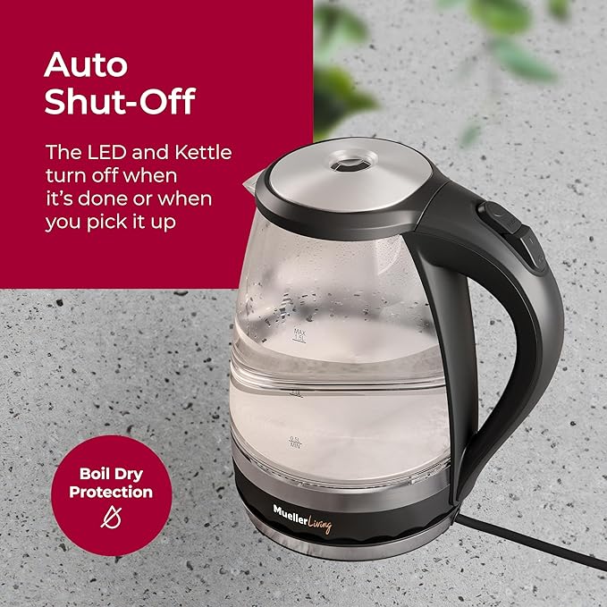 MuellerLiving Glass Kettle 1.5L 1500W LED Light Electric Tea Kettle Automatic Shut-Off with SpeedBoil Tech and Boil-Dry Protection