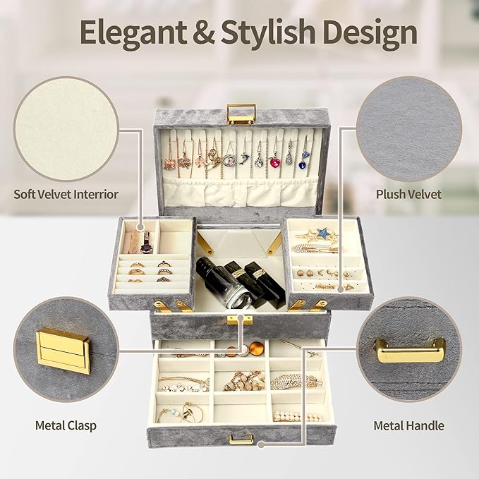Dajasan Velvet Jewelry Boxes, Women Jewelry Organizer Box, 3- Layer Large Jewelry Storage Case for Birthday Mother's Day Valentine's Day (Grey)
