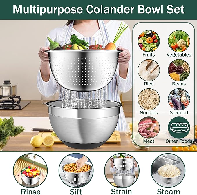 Mixing Bowls with Airtight Lids, Stainless Steel Mixing Bowl Set with 3 Metal Nesting Bowls, Colander & Grater, Non-Slip Bottoms, Size 1.5, 2.5, 5 QT, Great for Mixing & Serving, Black