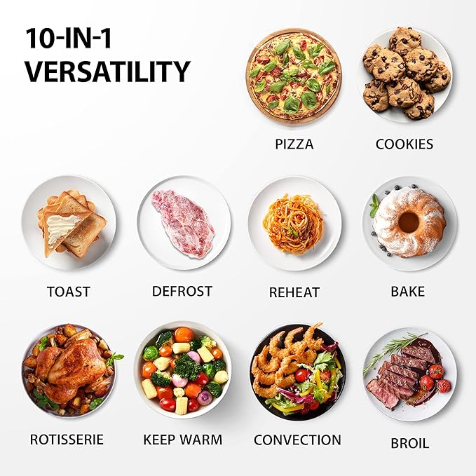 TOSHIBA AC25CEW-BS Large 6-Slice Convection Toaster Oven Countertop, 10-In-One with Toast, Pizza and Rotisserie, 1500W, Black Stainless Steel, Includes 6 Accessories