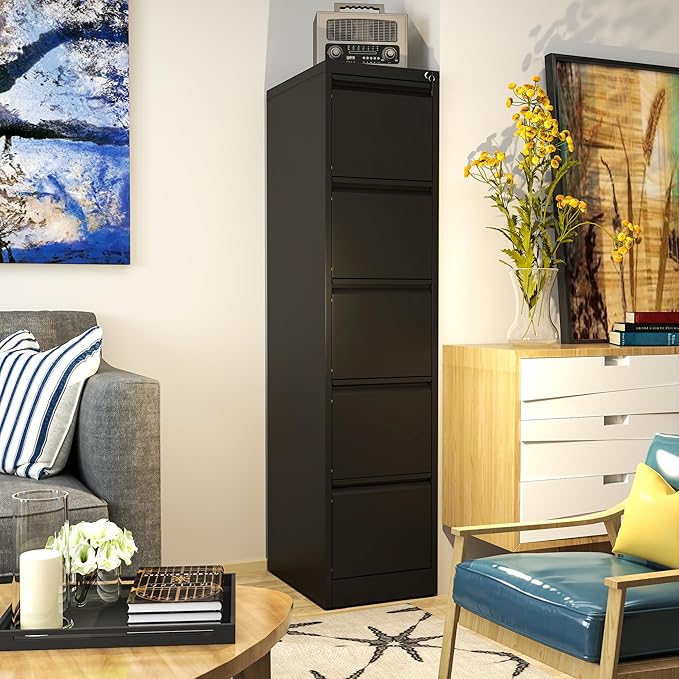 AQY 5 Drawer File Cabinet with Lock, Metal Black Filing Cabinets for Home Office, 18" Deep Heavy Duty Vertical Storage Cabinet for Hanging A4/Letter/Legal Size Files, Assembly Require