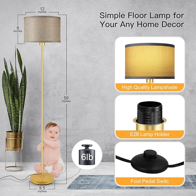 Floor Lamp Gold, Standing Lamp, 58" Small Tall Lamps with Jute Lampshade, Simple Pole Lamp for Bedroom, On/Off Footswitch, Gold Lamps for Living Room/Office/Boho,Christmas Gift for Kids(No Bulb)