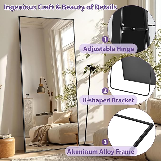 Full Length Mirror, 76"x34" Oversized Floor Mirror Freestanding, Full Body Mirror Floor Standing Mirrors with Stand, Hanging Mounted Mirrors for Bedroom Living Room, Black, Rect Style
