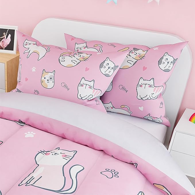 Cat Duvet Cover Sets Full Size for Kids Girls, Incude 1 Polyester Comforter Cover 80x90 Inches and 2 Pillowcases 20x26 Inches, Comforter Not Included, Gift for Christmas Birthday