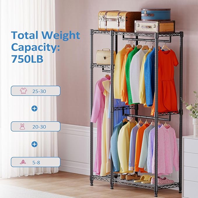IZEUK Heavy Duty Garment Rack, Closet Organizer and Clothes Rack for Hanging Clothes with 3 Hang Rods, Freestanding Adjustable Metal Wardrobe, 15.7" D x 41.5" W x 76.5" H, Max Load 750LBS, Black