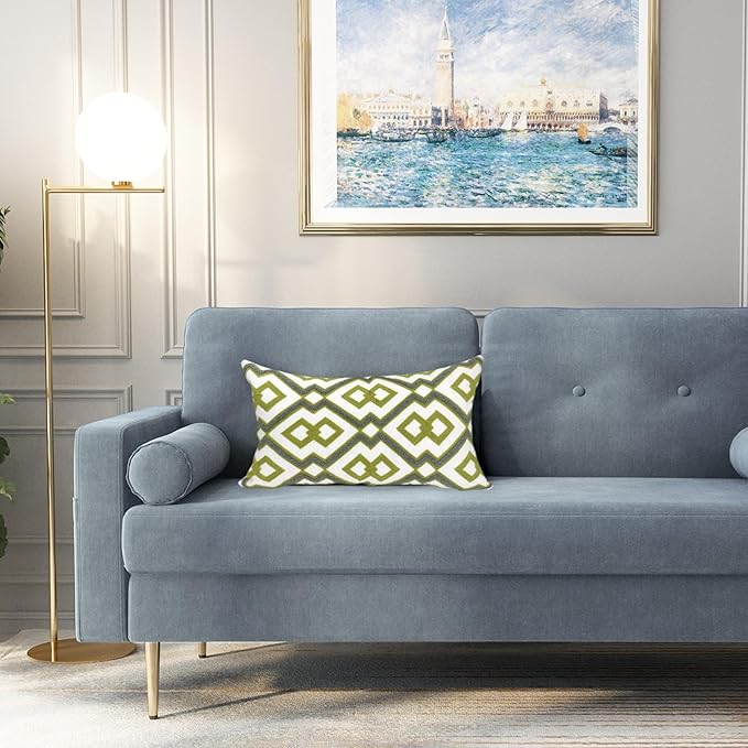 Alysheer Embroidered Lumbar Decorative Throw Pillow Cover 12"x 20", Classic Boho Geometric Embroidery Pattern Cotton Rectangular Cushion Case for Sofa Couch Living Room Bedroom(Green Grey)