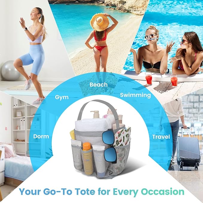 Shower Caddy Portable for College Dorm Room Essentials for Girls with 9 Pockets,Large-Capacity Shower Basket,Quick Dry Toiletry Tote Bag for Women,Outdoor Gym,Travel,Swim,Beach Camping Essentials-Grey