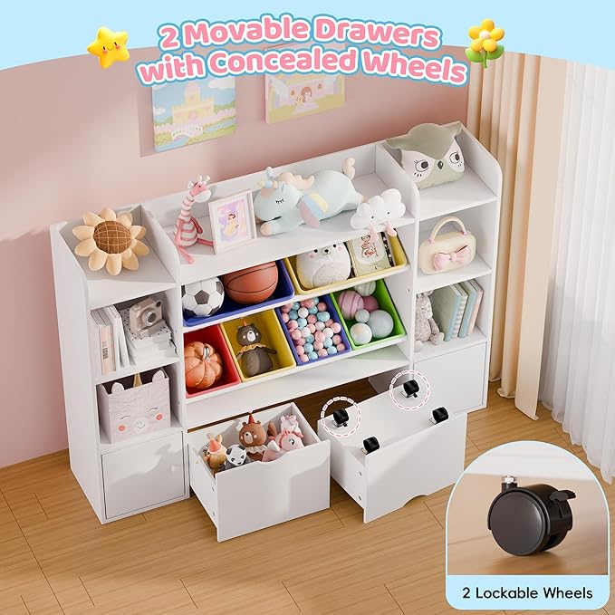 Xilingol Kids Toy Storage Organizer W/6 Removable Toy Bins, 4-Tier Toy Organizers W/6 Storage Cubbies and 2 Movable Drawers, Kid Bookshelf and Toy Storage for Playroom, Bedroom, Kids Room (Multicolor)