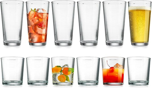 Glaver's Drinking Glasses Set of 12. Everyday Mixed Drinkware Set. 6, 17 oz Tall Kitchen Glass Cups, 6,13 Oz Rocks Whiskey Glasses. Heavy Duty Ribbed Glassware Set for Cocktail Beer, Juice, Water.