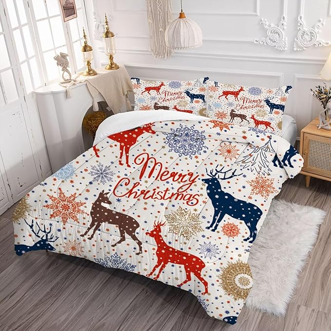 Beige Christmas Comforter Set King Size for Kids, Cartoon Reindeer and Snowflake Print Bedding Set, Cute Xmas Bed Set for Home Decor with 1 Comforter and 2 Pillowcases