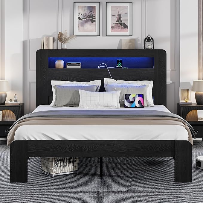 Full Size Wooden Bed Frame with Bookcace Storage Headboard, Rustic Farmhouse Bedframe with LED Lights and Charging Station, Sturdy and Stable, Slat Support, No Box Spring Required (Black, Full)