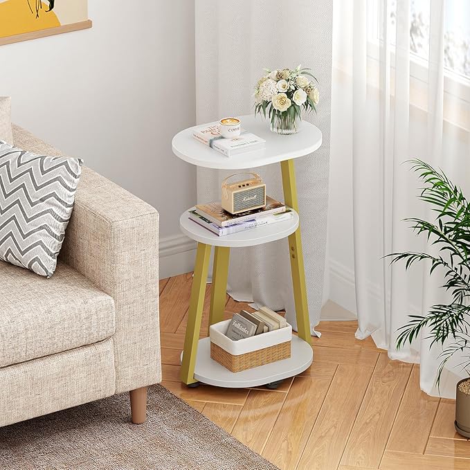 Side Table, Small End Table with Metal Frame, 3-Tier Bedside Tables, Round Side Tables for Living Room Bedroom Couch Bathroom, Oval, White