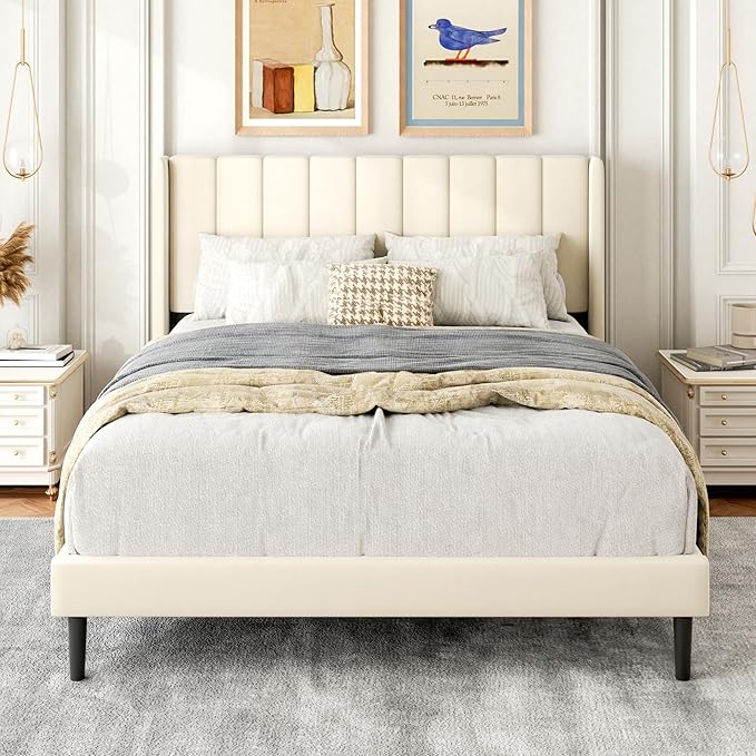 Full Size Bed Frame with Upholstered Wingback Headboard, Easy Assemnly Platform Bed, Wooden Slat Support No Box Spring Needed, Cream