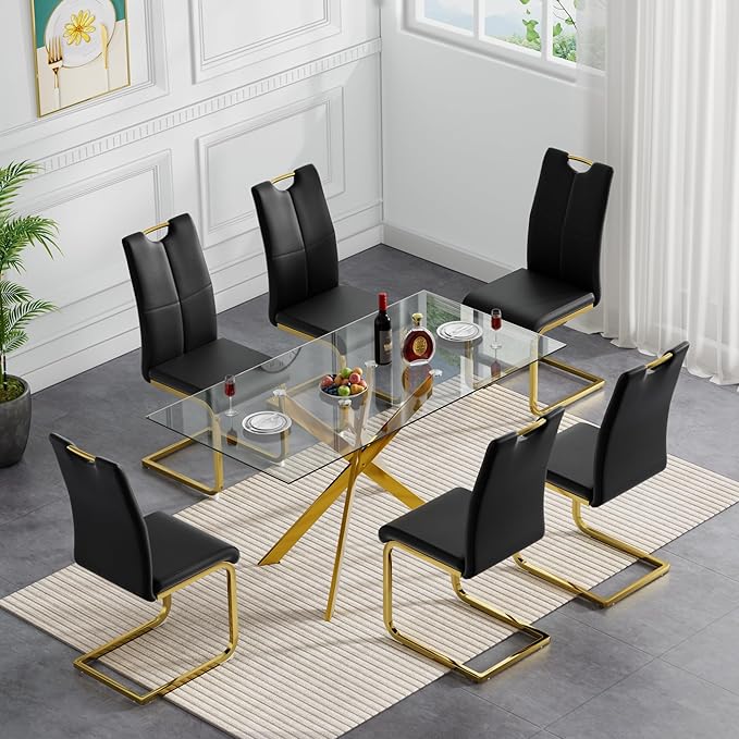 SSLine 51'' Gold Glass Dining Table Set for 6,7 Piece Kitchen Table and Chairs Set with Metal Legs and 6 PU Leather Dining Chairs for Kitchen Room Small Spaces