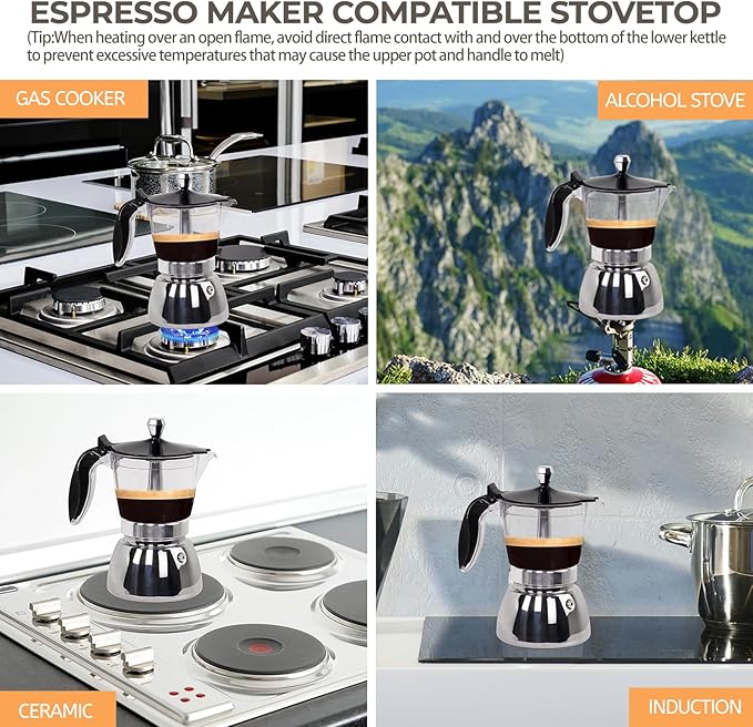 Clear Plastic Moka Pot 4 Cup 200ml Stainless Steel Coffee Maker Uncoated Stovetop Espresso Coffeemaker Italian Classic Style Brewing Greca Cafe Mocha Machine for Cafeteras Camping Travel Home Use