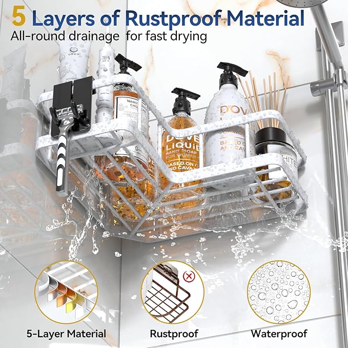 YASONIC Corner Shower Caddy Organizer, 5-Pack Self-Adhesive Rustproof Bath Shelves with Soap Holder & 4 Hooks, Large Capacity Shower Storage Rack for Bathroom Organization, White