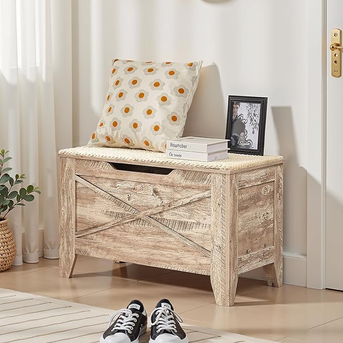 VECELO 30" Farmhouse Style Storage Bench, Entryway Shoe Ottoman, with Handwoven Cushion, with Metal Safety Hinges, for Bedroom, Living Room, Entryway, Light Wood