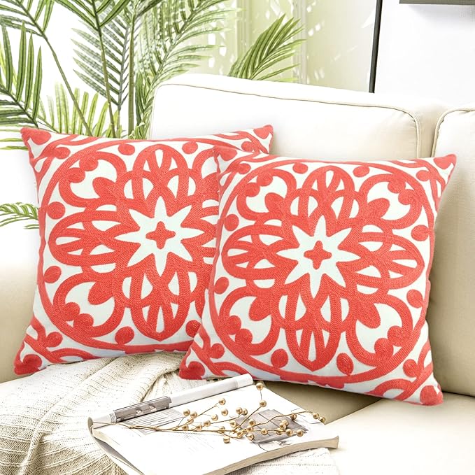Alysheer Embroidered Decorative Throw Pillow Covers 18"x18" Set of 2pcs, Classic Boho Mandala Knit Pattern Cotton Canvas Cozy Cushion Cases for Sofa Couch Living Room (Coral Peach)