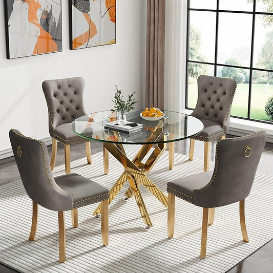 Goujxcy Small Round Dining Table Set for 4, Modern Glass Kitchen Table Chairs Set of 4, 5-Piece Dining Table Set w/36 Circle Gold Glass Dining Room Table and 4 Black Upholstered Dining Chairs