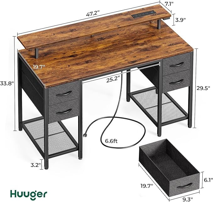 Huuger 47 inch Computer Desk with 4 Drawers, Gaming Desk with LED Lights & Power Outlets, Home Office Desk with Large Storage Space for Bedroom, Work from Home, Rustic Brown and Black