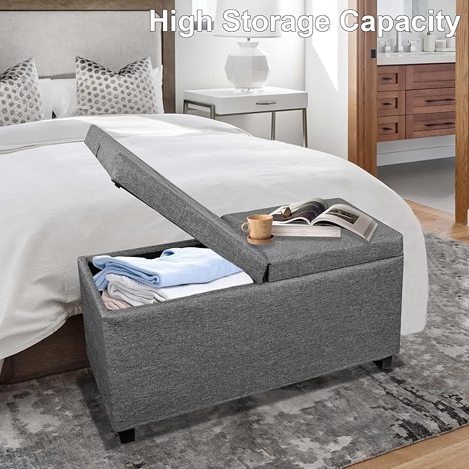 LITZFUE Metal Storage Ottoman Bench with Flipping Lid, 30 Inches Shoe Bench with Legs, Linen Footrest, Storage Chest for Living Room, Bedroom, Entryway, Dark Gray