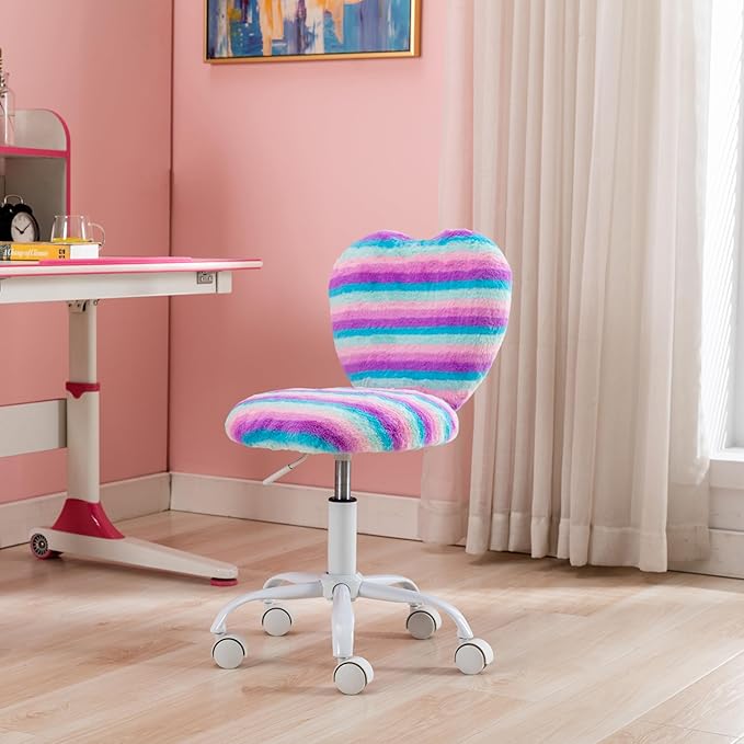 Kmax Kids Reading Chair, Rolling Cute Desk Chair for Girls Swivel Office Chair with Wheels & Heart Back Adjustable Childrens Vanity Chair for Bedroom Reading Room - Faux Fur, Rainbow