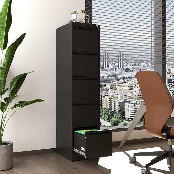 File Cabinet, Vertical File Cabinets with Lock for Home Office,Heavy Duty Office Steel Filing Cabinet for Hanging Letters/Legal/A4, Assembly Required (Black, 5 Drawers)