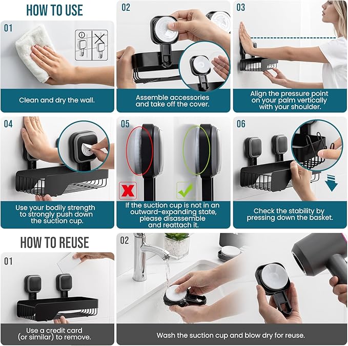 TAILI Shower Caddy Suction Cup 3 Pack, Stainless Steel Rustproof Shelves with Soap Holder Set, Drill-Free Wall Mounted Basket, Heavy Duty Removable Bathroom Organizers & Home Decor, Black