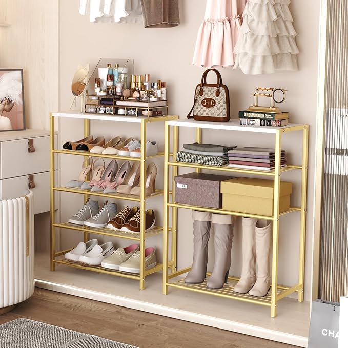 HOMEFORT 5-Tier Shoe Rack, Shoe Storage Shelf, Industrial Shoe Tower, Narrow Shoe Organizer for Closet Entryway, Small Shoe Rack Table with Durable Metal Shelves, Gold