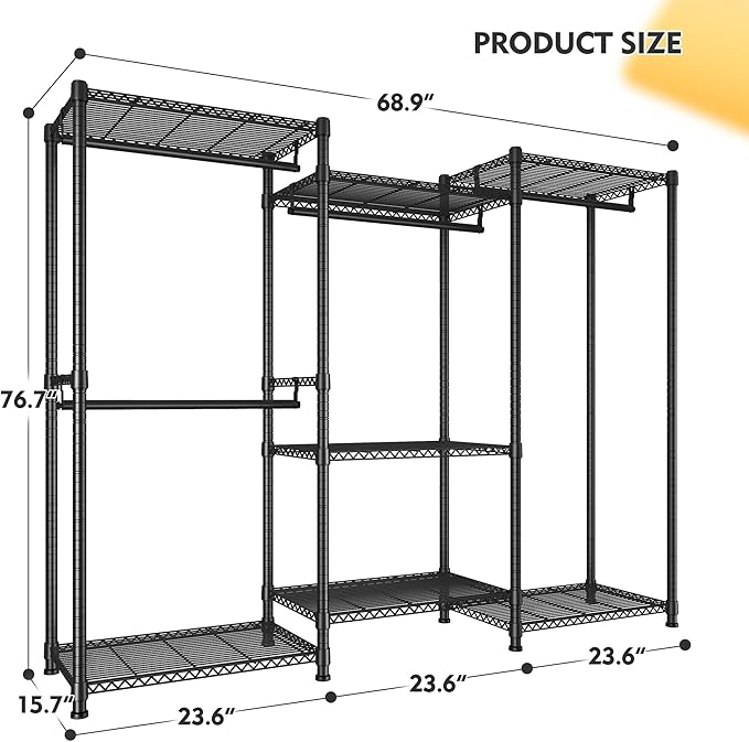 Raybee Clothes Rack Load 900Lbs, Heavy Duty Clothing Rack for Hanging Clothes Freestanding Garment Rack 77" H x 69'' W x 16'' D,Black