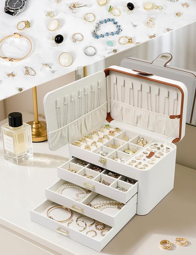 KAMIER Jewelry Boxes for Women, 4 Layer Jewelry Organizer with Mirror, 3 Drawers, Jewelry Storage Box, Christmas Gift, for Earring, Necklace, Bracelet, Ring, White
