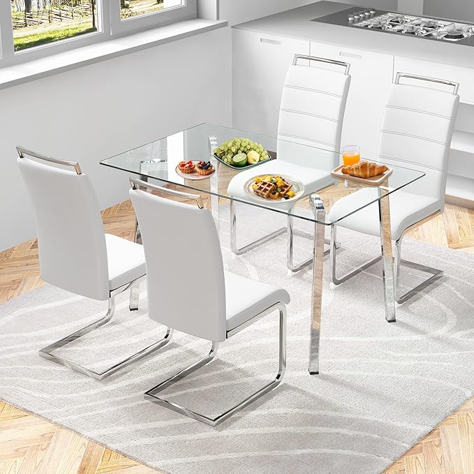 51“ Small Glass Dining Table Set for 4,0.31”Thick Tempered Glass Table Top with 4 Chrome Plate Metal Legs,4 PU Leather Dining Chairs,Modern Kitchen Dinner Room Table Set,for Kitchen Room
