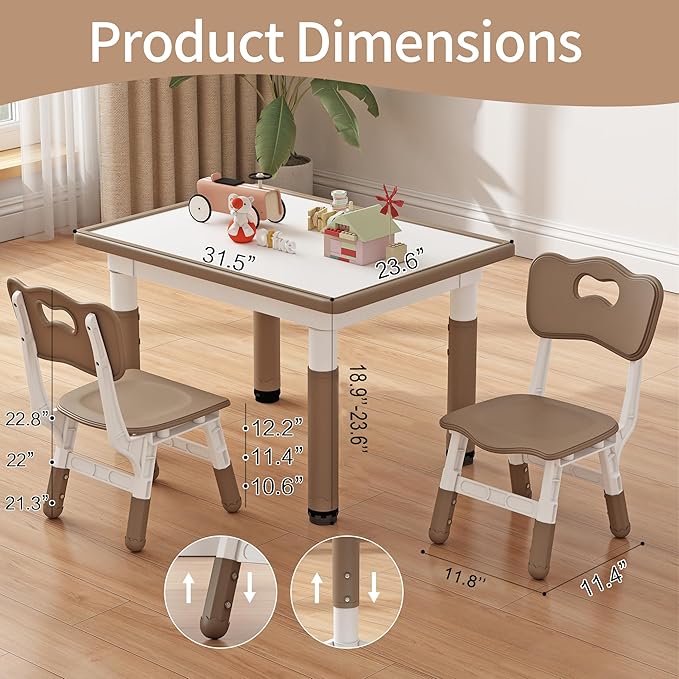 Toddler Table and 2 Chairs, Kids Table and Chair Set Height Adjustable, 31.5''L x 23.6''W Multifunctional Graffiti Desktop for Reading, Drawing, Eating, for Girls & Boys Age 2-10, Brown-02